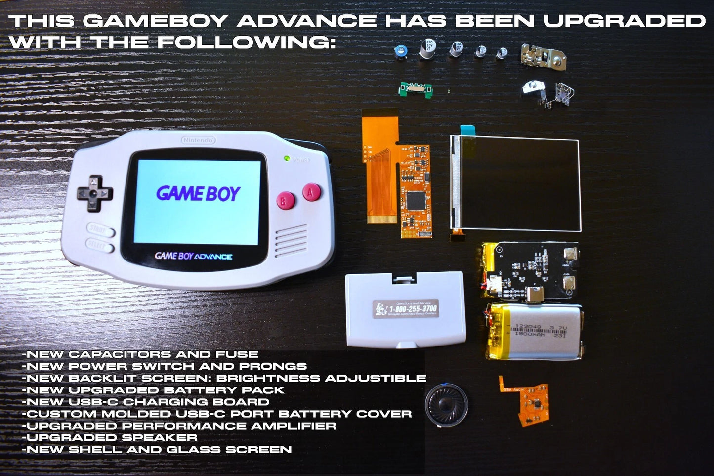 Nintendo Gameboy Advance Game Boy Console Backlit/Amp/USB-C/IPS V5 Classic